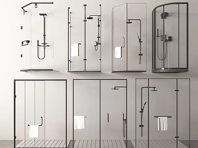 Various Modern Shower Fixture Designs With Glass Enclosures And Towel Racks 3d model