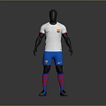 White Football Jersey With Nike Logo Blue Shorts Red Blue Striped Socks And Gray Shoes