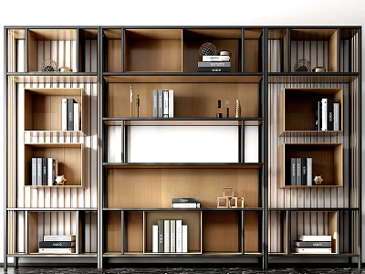 Modern Open Bookshelf With Metal Frame Wooden Shelves Multiple Compartments And Decorative Books 3d model