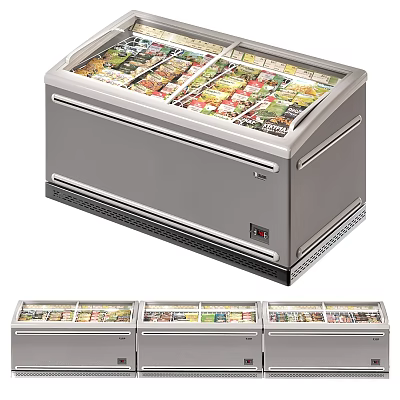 Row Of Commercial Display Freezers With Stainless Steel Body And Transparent Glass Top 3d model