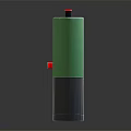 Green Industrial Device With Red Button Yellow Warning Sign Label And Silver Base