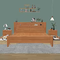 Wooden Minimalist Natural Double Bed Bedroom Interior With Nightstand Shelf Green Curtains And Sunlight