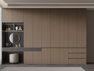 Elegant Modern Walk in Closet Interior With Wooden Cabinets And Round Mirror 3d model