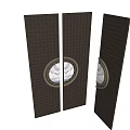 Elegant Dark Colored Double Doors With Circular Windows And Lattice Texture Showing Exterior View