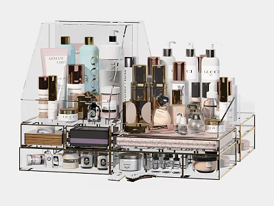 Stylish Perfume And Cosmetics Storage With Transparent Acrylic Organizer And Neatly Arranged Bottles Jars 3d model
