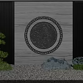 Chinese Style Feature Wall with Circular Relief Carving Black Border Green Plants and Stones