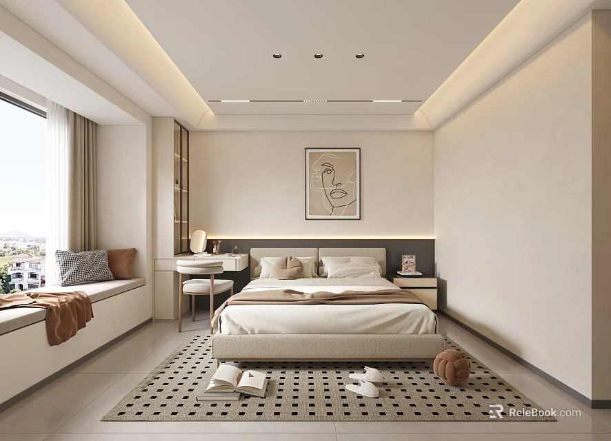 Modern Bedroom Interior Design With Cozy Bed Window Bench Artwork And Patterned Rug 3d model 