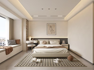 Modern Bedroom Interior Design With Cozy Bed Window Bench Artwork And Patterned Rug 3d model