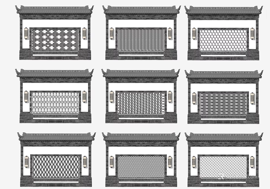 Chinese Traditional Scenic Wall Designs With Various Grille Patterns And Classic Roof 3d model 