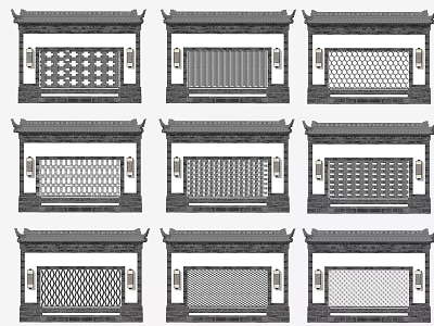 Chinese Traditional Scenic Wall Designs With Various Grille Patterns And Classic Roof 3d model