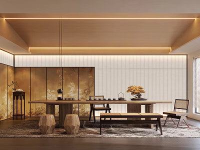 Traditional Japanese Tea Room Interior With Wooden Table Stools Tea Set And Shoji Screens 3d model