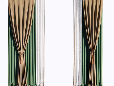Elegant Brown Green White Curtains With Sheer And Thick Fabric Draped Design 3d model