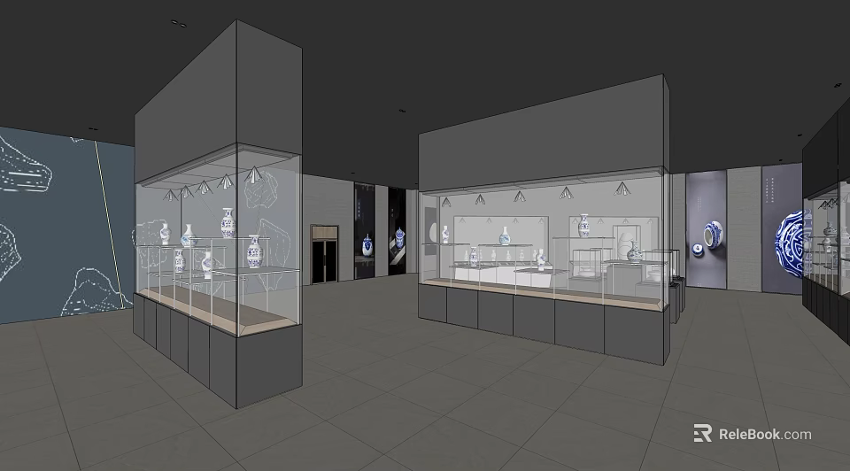 Contemporary Exhibition Hall Interior With Glass Display Cases And Illuminated Exhibits 3d model 