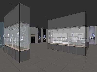 Contemporary Exhibition Hall Interior With Glass Display Cases And Illuminated Exhibits 3d model