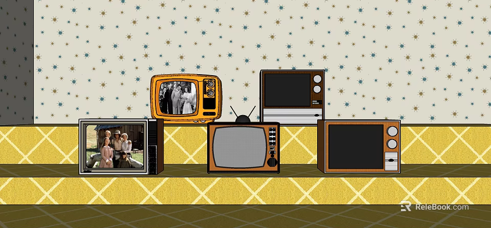 Vintage Televisions In Various Styles On Yellow Checkerboard Countertop With Star Pattern Wallpaper 3d model 