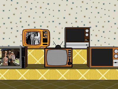 Vintage Televisions In Various Styles On Yellow Checkerboard Countertop With Star Pattern Wallpaper 3d model