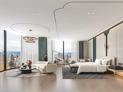 Hotel Room With City View Large Windows Comfortable Bed Sofa And Modern Interior Decor 3d model