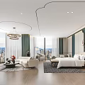Hotel Room With City View Large Windows Comfortable Bed Sofa And Modern Interior Decor