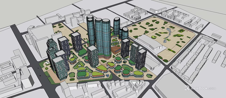 Modern Urban Commercial Complex Featuring Tall Glass Buildings Green Spaces And Open Plazas 3d model 