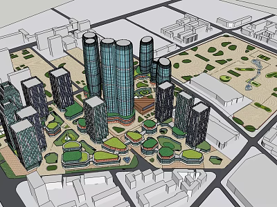 Modern Urban Commercial Complex Featuring Tall Glass Buildings Green Spaces And Open Plazas 3d model
