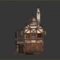 Cartoon Scene of Charming Wooden Cottage with Tiled Roof Stone Staircase and Flower Beds