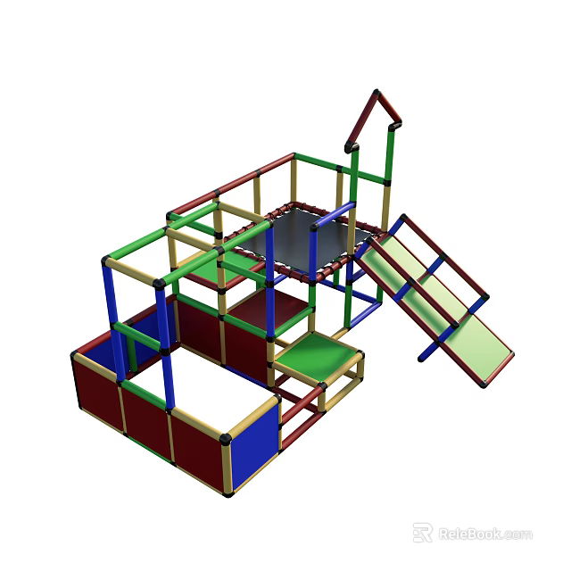 Colorful Multi Level Kids Play Area Structure With Slide Platforms And Frames 3d model