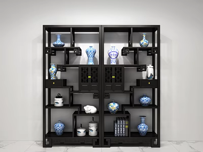 Traditional Chinese Black Multi Tiered Antique Shelf With Blue And White Porcelain Items And Books 3d model