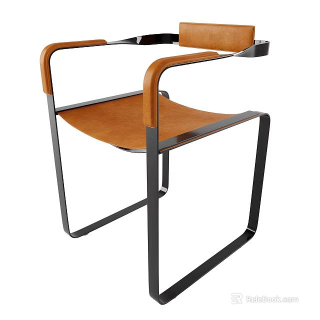 Modern Design Leisure Chair with Wooden Arms Black Metal Frame and Brown Leather Seat 3d model 