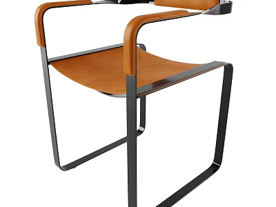 Modern Design Leisure Chair with Wooden Arms Black Metal Frame and Brown Leather Seat 3d model
