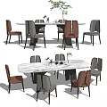 Modern Dining Table Set With Marble Top And Brown Gray Upholstered Chairs Design 3d model