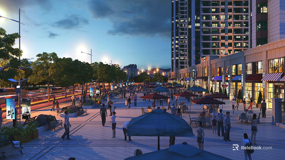 Vibrant Commercial Street Evening Scene With Tall Buildings Pedestrians Outdoor Dining And Street Lights 3d model 