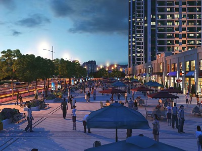 Vibrant Commercial Street Evening Scene With Tall Buildings Pedestrians Outdoor Dining And Street Lights 3d model