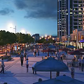 Vibrant Commercial Street Evening Scene With Tall Buildings Pedestrians Outdoor Dining And Street Lights