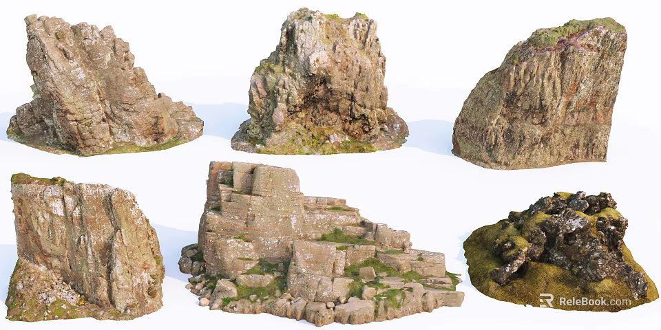 Natural Stone And Wood Decorative Elements With Textured Surfaces And Mossy Details 3d model 