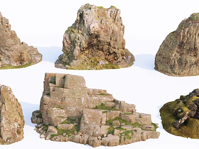 Natural Stone And Wood Decorative Elements With Textured Surfaces And Mossy Details 3d model
