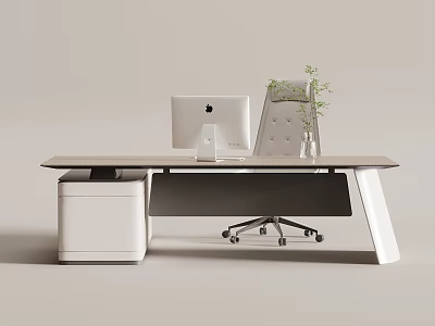 Modern Office Desk With Apple iMac Computer Ergonomic Chair Small Plant And White Drawer Cabinet 3d model