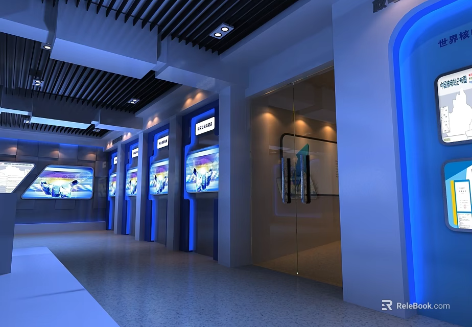 Modern Exhibition Hall Interior With Blue Lighting Multiple Display Screens And Glass Doors 3d model 