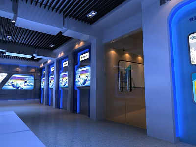 Modern Exhibition Hall Interior With Blue Lighting Multiple Display Screens And Glass Doors 3d model