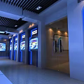 Modern Exhibition Hall Interior With Blue Lighting Multiple Display Screens And Glass Doors