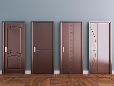 Different Patterned Hinged Doors In Dark Brown And Metallic Finish On Light Blue Wall 3d model