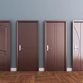 Different Patterned Hinged Doors In Dark Brown And Metallic Finish On Light Blue Wall