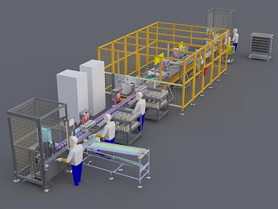 Industrial Equipment In Automated Manufacturing Production Line With Workers Operating Conveyor Belt And Safety Guards 3d model