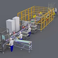 Industrial Equipment In Automated Manufacturing Production Line With Workers Operating Conveyor Belt And Safety Guards