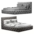 Double Bed with Dark Gray Headboard White Pillows Gray Cushions and White Bedding Stripes