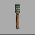 Vintage Green Grenade Weapon Featuring Wooden Handle Marked Text And Metal Base