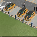 Parking Lot Scene With Yellow Cars Charging Stations And People Around