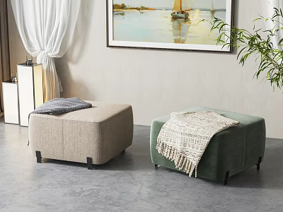 Beige and Green Modern Ottomans with Cozy Blankets in Living Room Interior 3d model