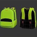 Neon Green Backpack With Cute Cartoon Frog Design Front And Back View Black Straps