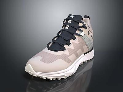 High top athletic sneakers with beige and black mesh design and white sole 3d model