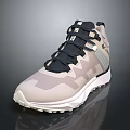 High top athletic sneakers with beige and black mesh design and white sole